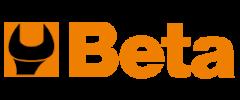 Beta tools logo in white, black and orange on a grey background