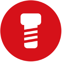 A simple icon of a socket screw in white on a red background