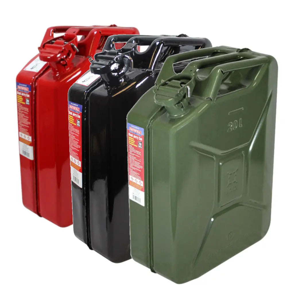 20 Litre Steel Jerry Cans (Green, Black, Red) Faithfull Tools