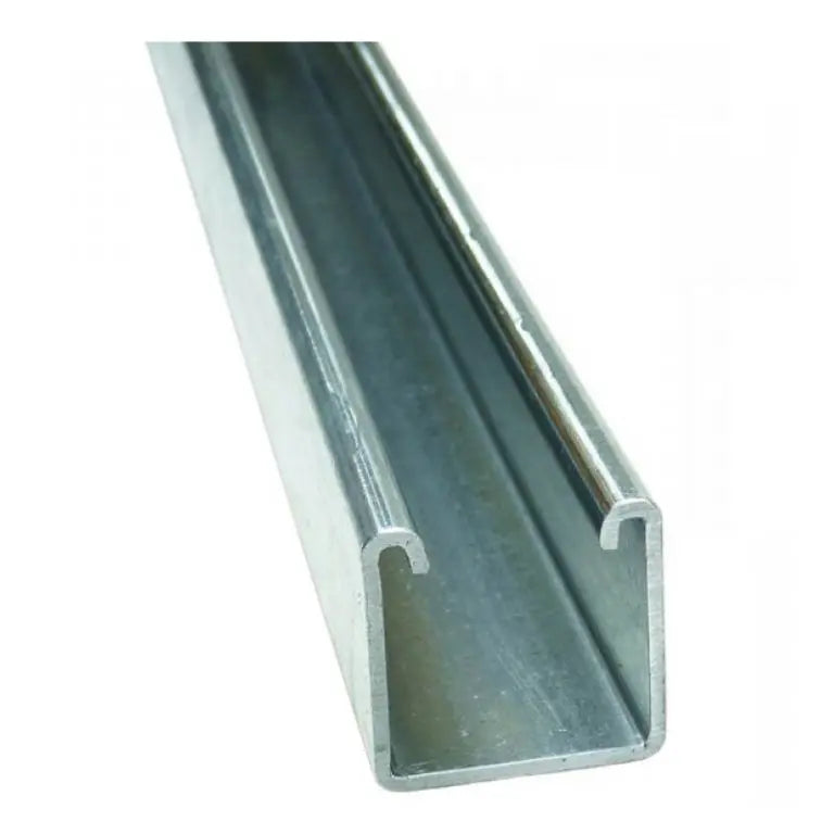 Close-up of a 41x41x2.5mm Deep Heavy Gauge Plain Channel Pre Galvanised steel beam with a U-shaped cross-section, ideal for structural support in construction and industrial applications.