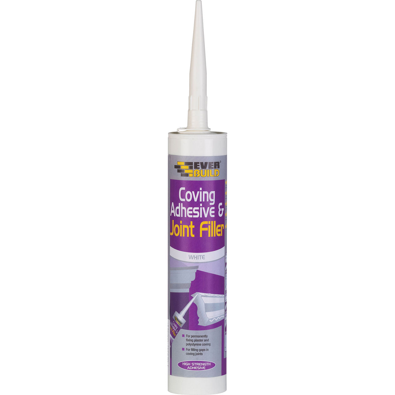 Everbuild coving adhesive and joint filler in a purple and grey tube on a white background. 