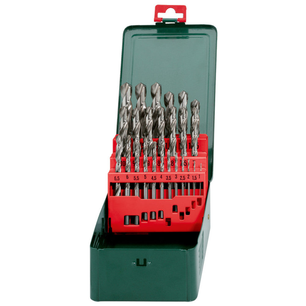 Metabo 627154000 HSS-G Drill Bit Set – 25 Pieces 1-13mm in Metal Case on a plain white background from Electro South West Ltd, Bridgwater, Somerset