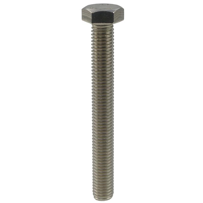 image of a single fully threaded metric hexagon set screw in stainless steel A2 grade 304. Standing upright on a plain white background.