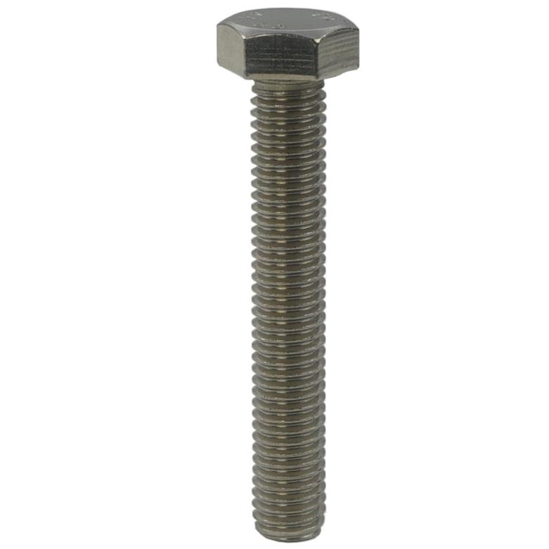 Image of a single metric hexagon set screw fully threaded in stainless steel a4 grade 316 on a plain white background