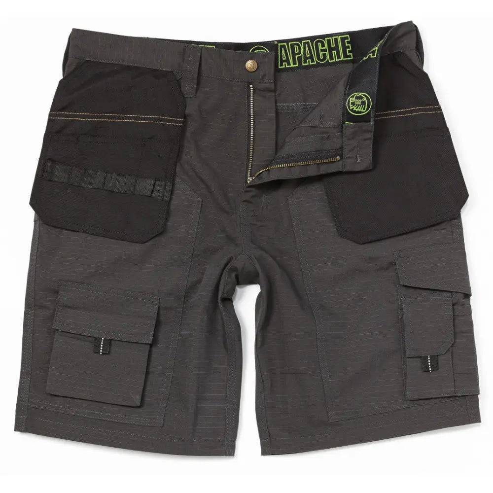 Close-up of Apache APKHT Grey/Black Holster Shorts, featuring lightweight rip-stop polycotton material, Cordura holster pockets, and a low rise comfort fit, ideal for trades and DIY projects.