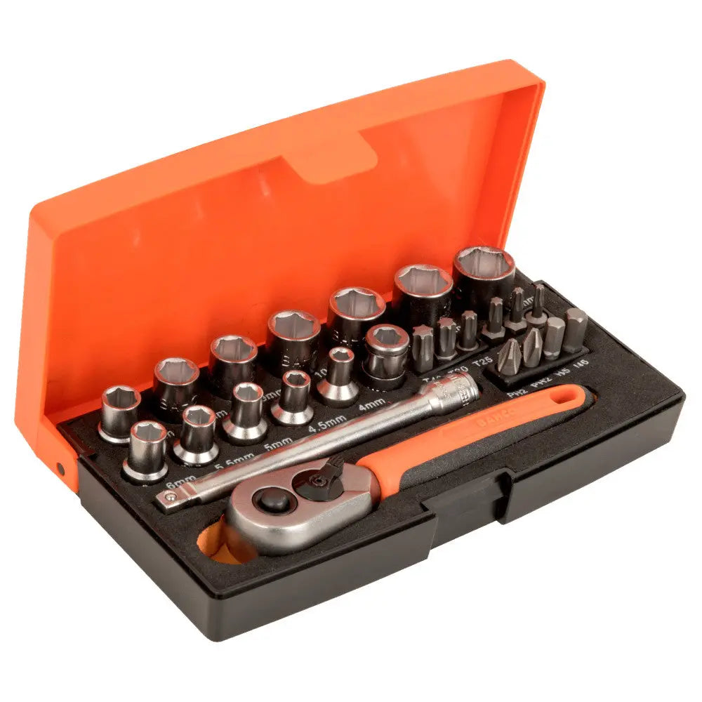 Bahco SL25 1/4" Square Drive Socket Set with Metric Hex Profile and Screwdriver Bits/Bit Holder Electro South West Ltd