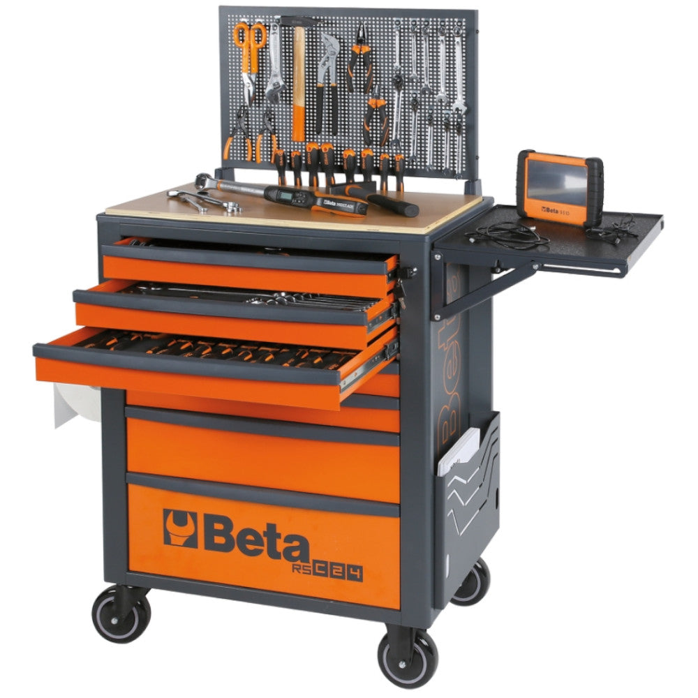 Beta RSC24/7 Mobile Roller Cabinet with 7 drawers shown open with various other beta tools displayed