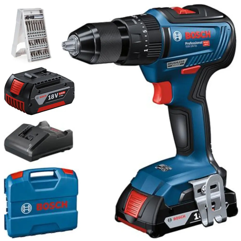 Bosch GSB 18 V-55 18V Professional Combi Drill  1 x 2.0ah Li-Ion Battery 1 x 4.0ah Li-Ion Battery & Bit Set Bosch