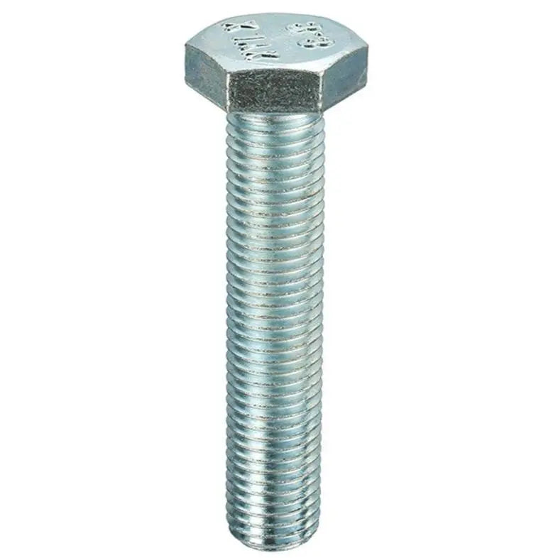 Close-up of a Metric Hex Set Grade 8.8 DIN 933 BZP, fully threaded high-tensile steel screw with bright zinc plating, ideal on a plain white background.