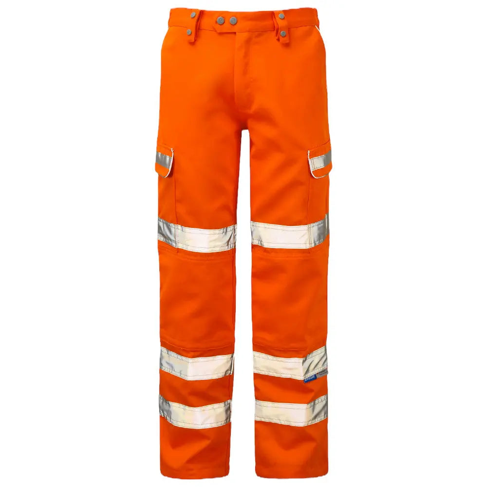 Image of a pair of Pulsar® PR336 Water Repellent Orange Hi Vis Work Trousers showing a view from the front on a white background.