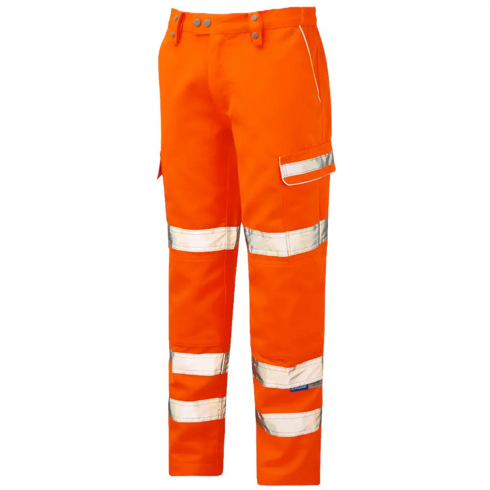 Image of a pair of Pulsar® PR336 Water Repellent Orange Hi Vis Work Trousers showing a view from the side on a white background.