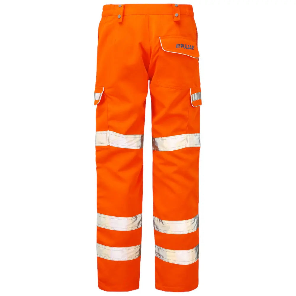 Image of a pair of Pulsar® PR336 Water Repellent Orange Hi Vis Work Trousers showing a view from the back on a white background.