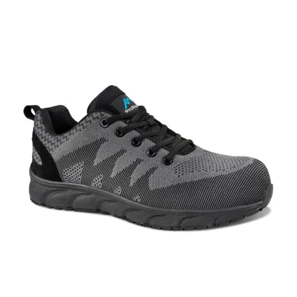 Close-up of the Rockfall Atlanta PM4050 Lightweight Safety Trainer, in grey and black. Shown side on with a plain white background.