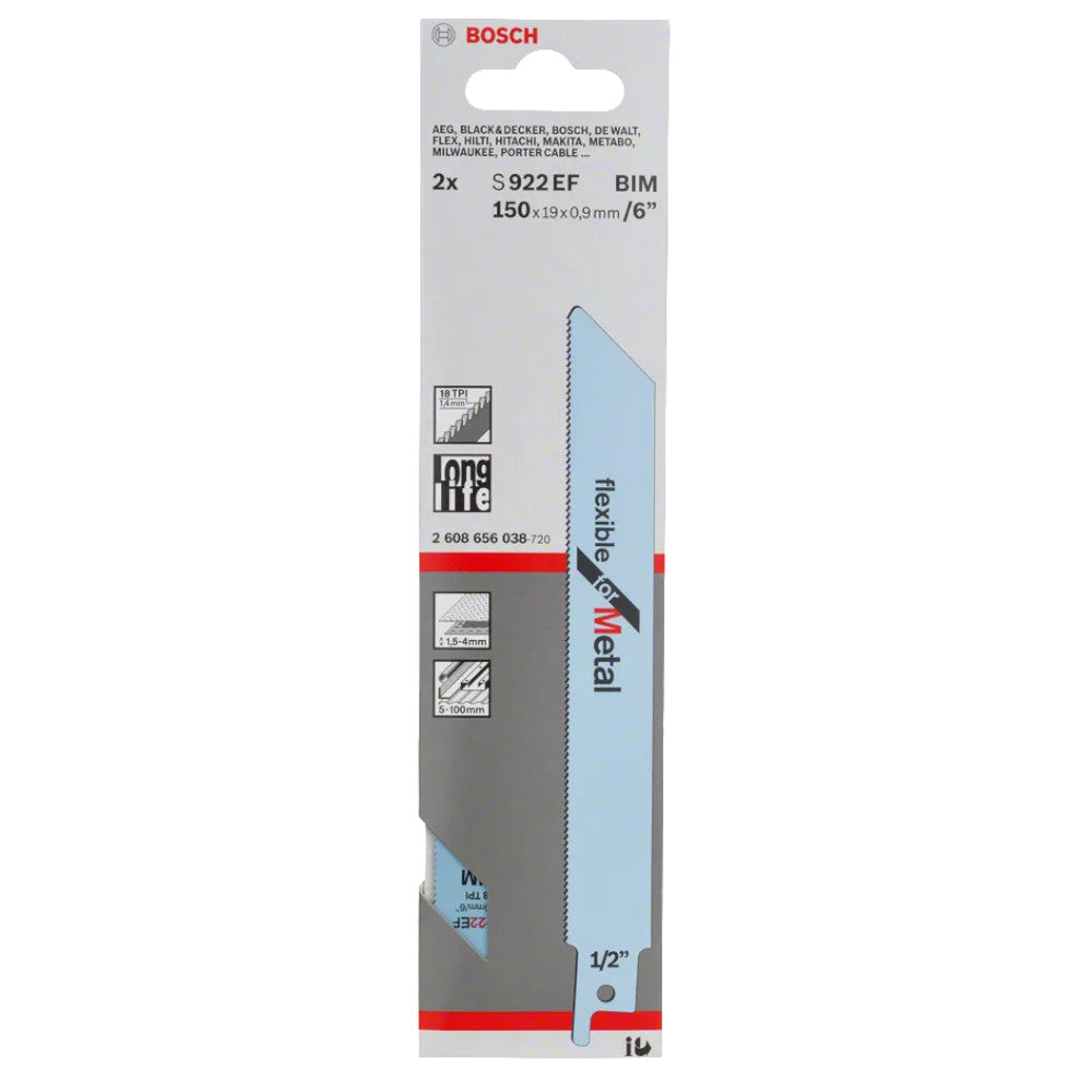 Bosch S922EF Reciprocating Saw Blades Flexible For Metal 6" / 150mm Pack of 5