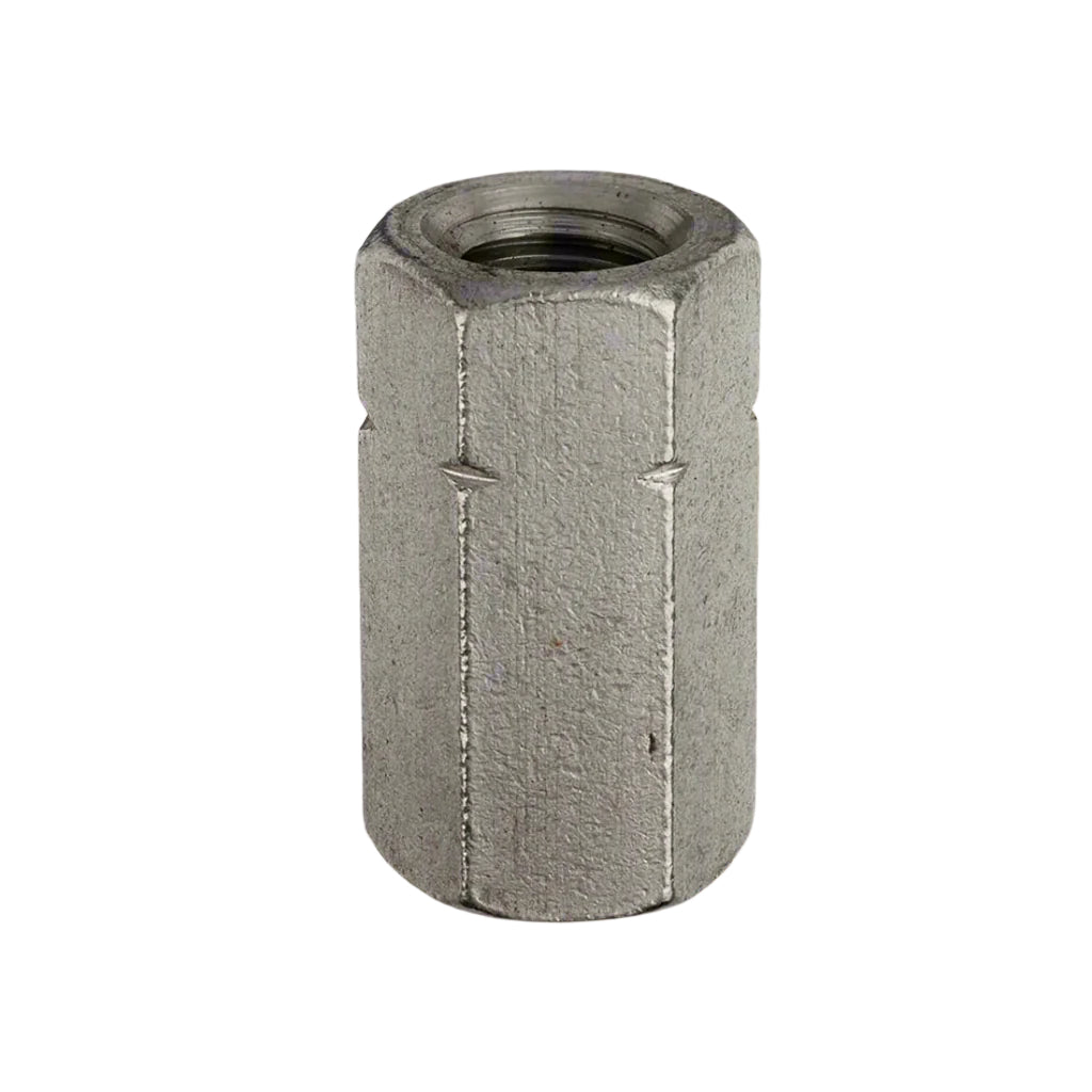 an image of a stainless steel long nut or studding connector. Pictured on a white background.