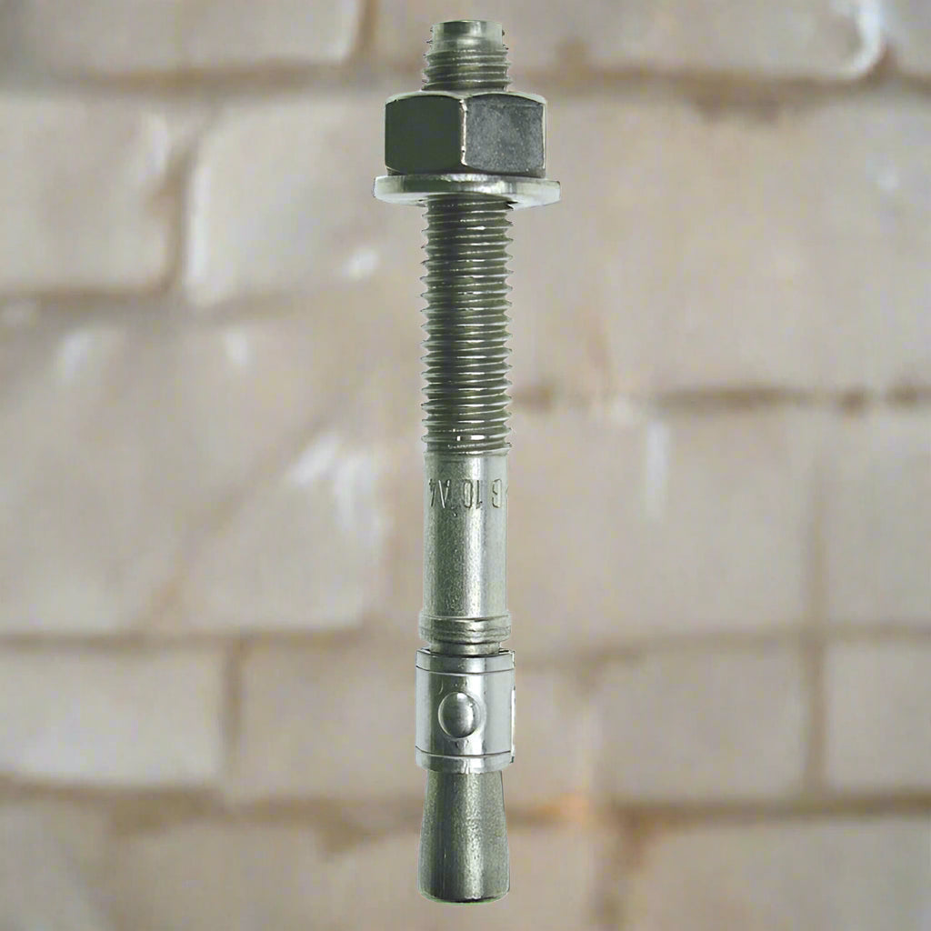 a stainless steel throughbolt on a plain white background